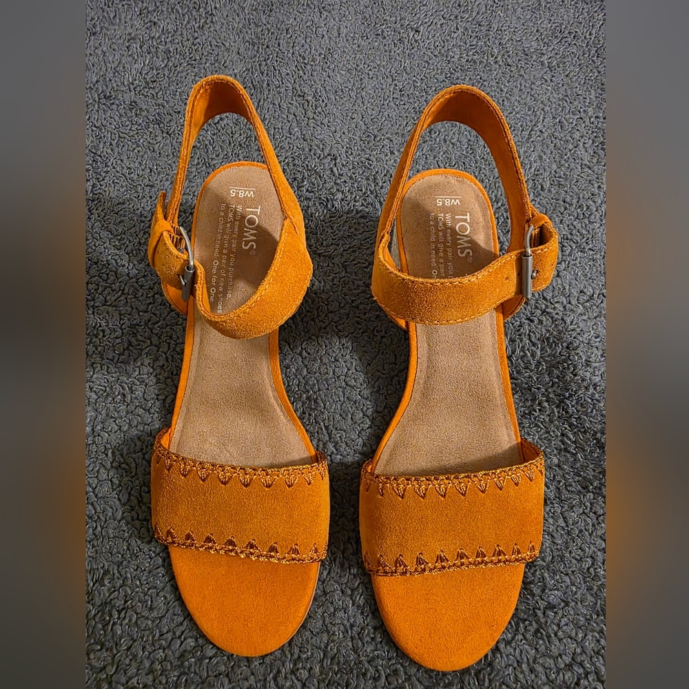 Toms Orange Suede Heels with Cream Block
